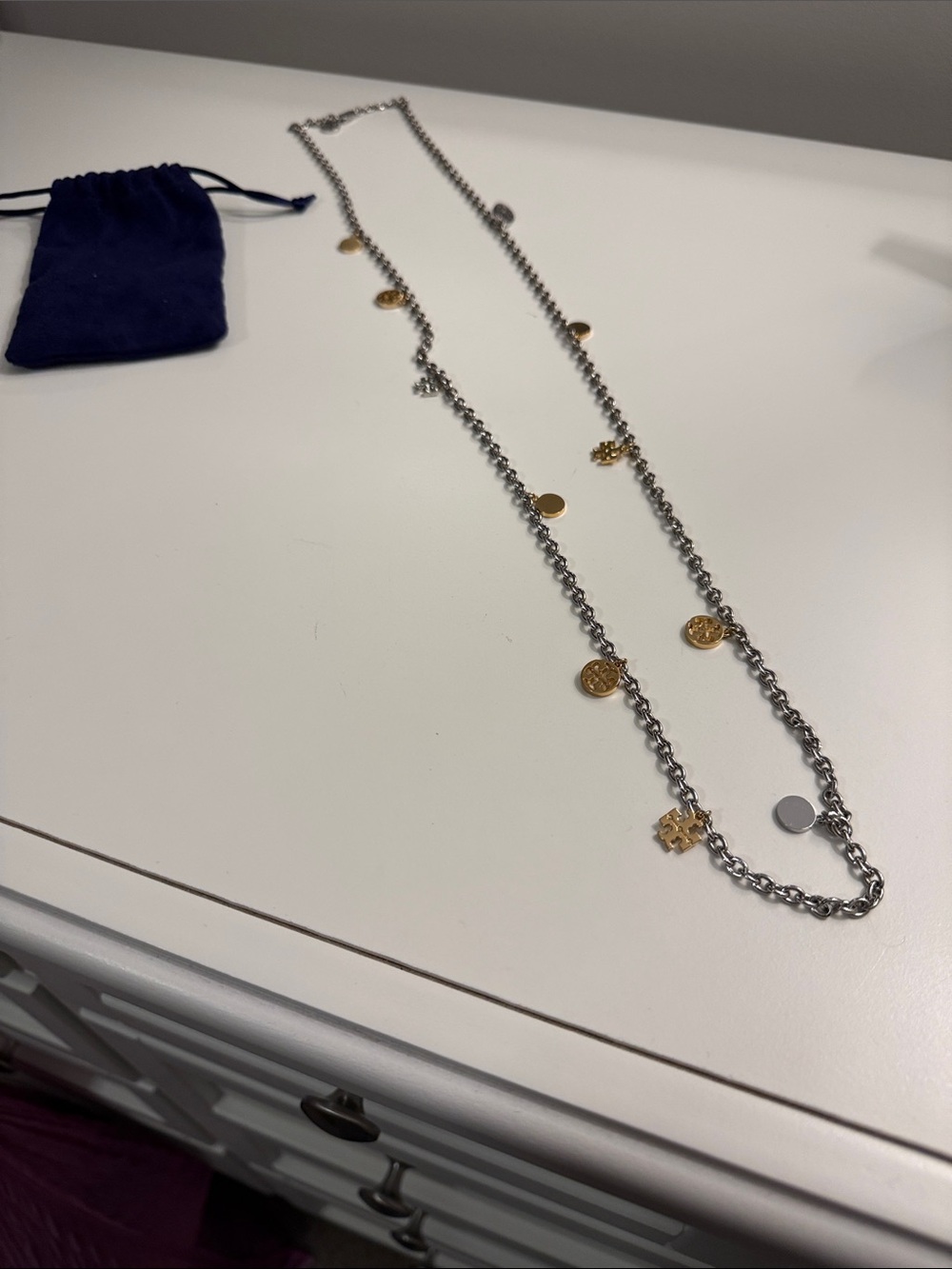 Tory Burch Two-Tone Coin Charm Long Necklace - Silver & Gold